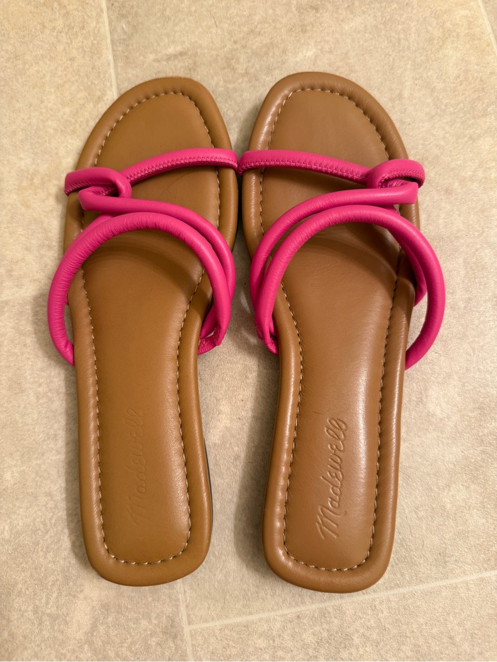 Madewell Hot Pink Strap Tan Slide Sandals